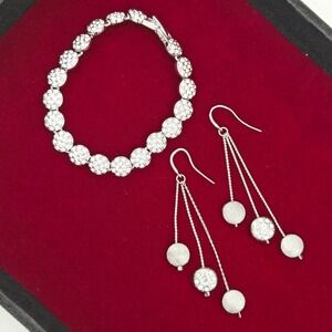 Silver Tone Crystal Pave Circle Link Bracelet and Triple Drop‎ Earring Set